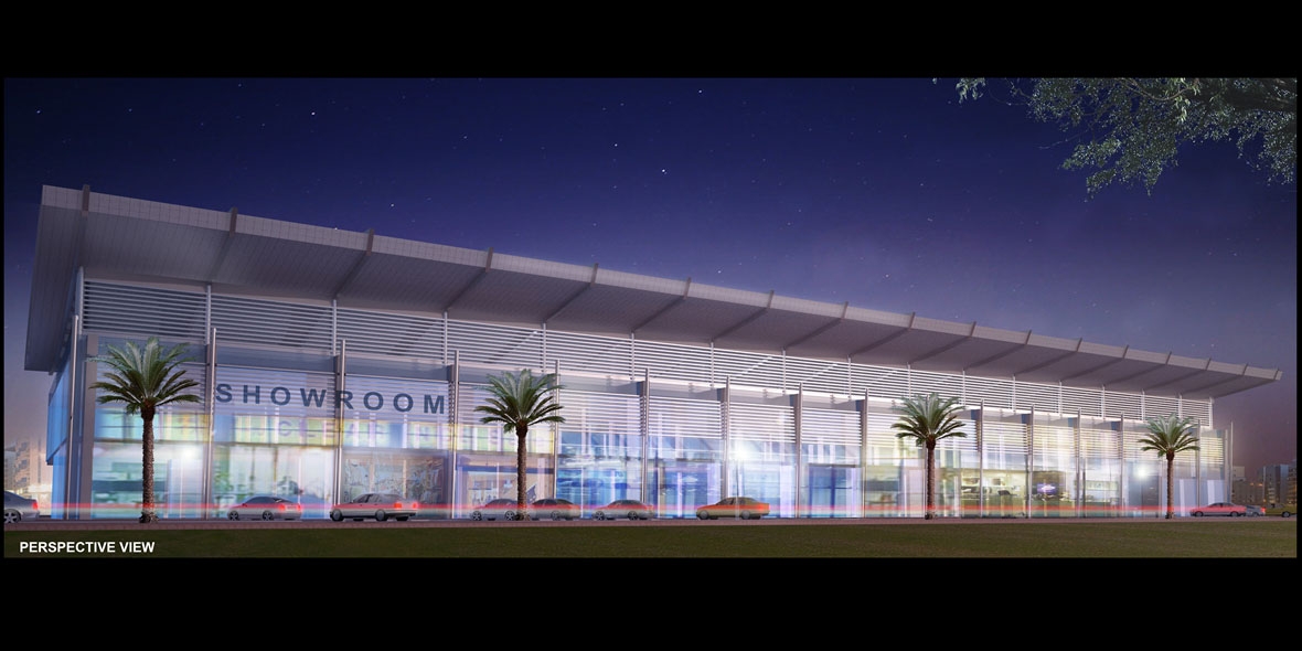 Showroom building with cars & bright lights